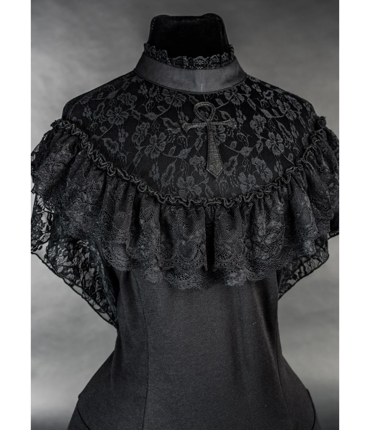 Black Ankh Lace Ruffle Swing Dress
