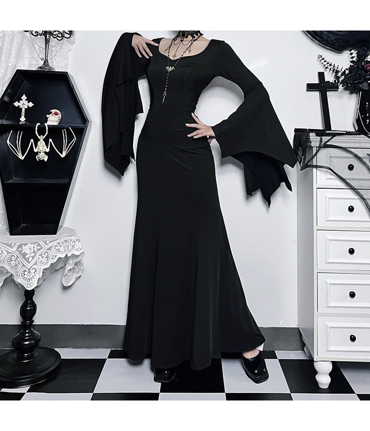 Black Gothic Bell Sleeve Vampire Maxi Dress