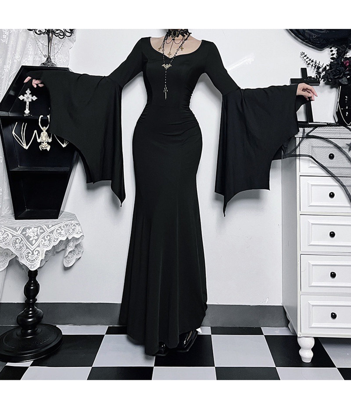 Black Gothic Bell Sleeve Vampire Maxi Dress