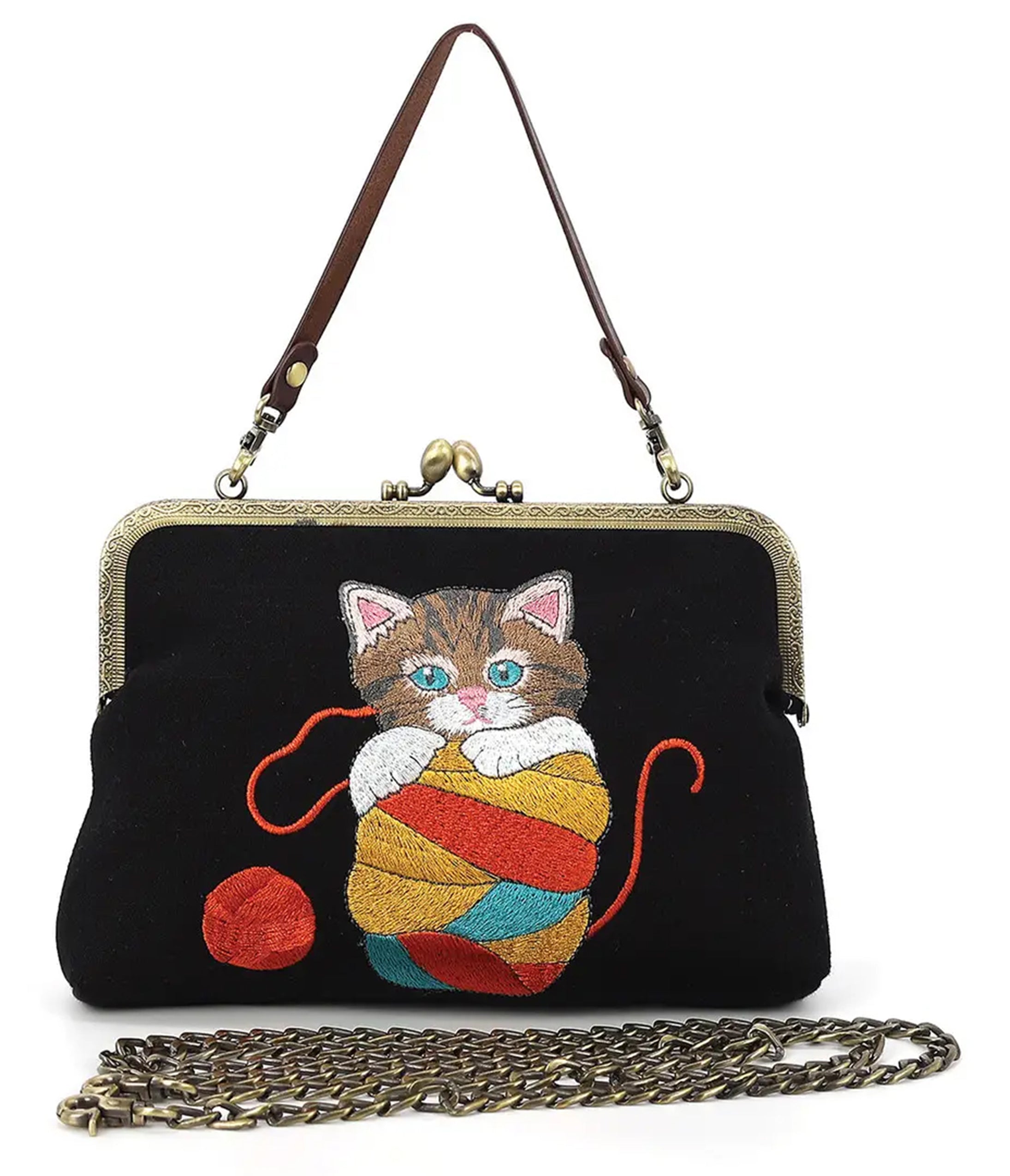 Black Embroidered Cat In Yarn Handbag