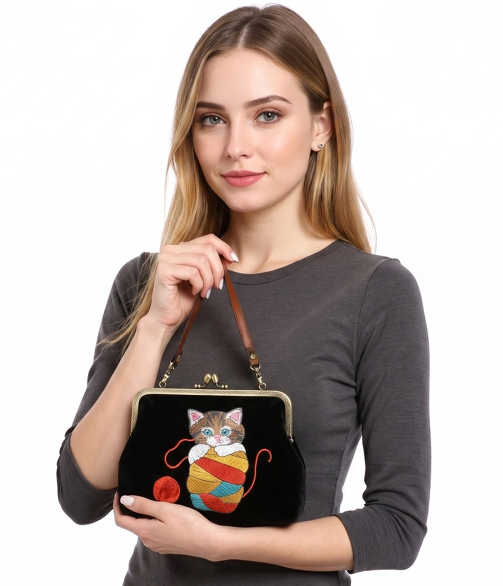 Black Embroidered Cat In Yarn Handbag