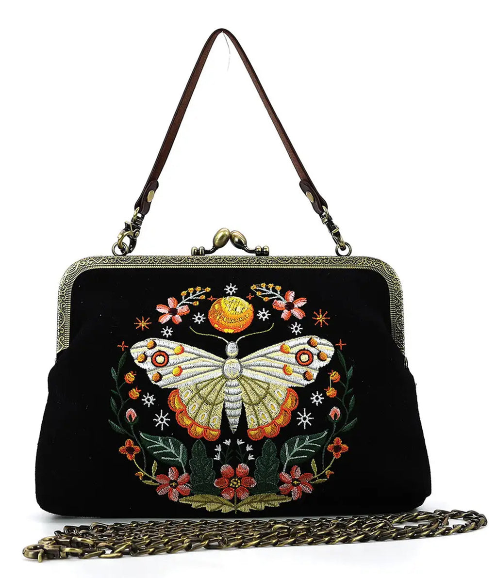 Black Embroidered Luna Butterfly Handbag