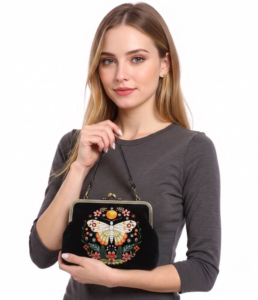 Black Embroidered Luna Butterfly Handbag