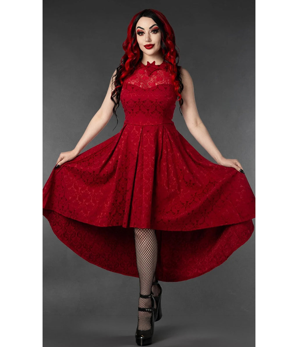 Red Lace Bat Collar Succubus High-Low Swing Dress