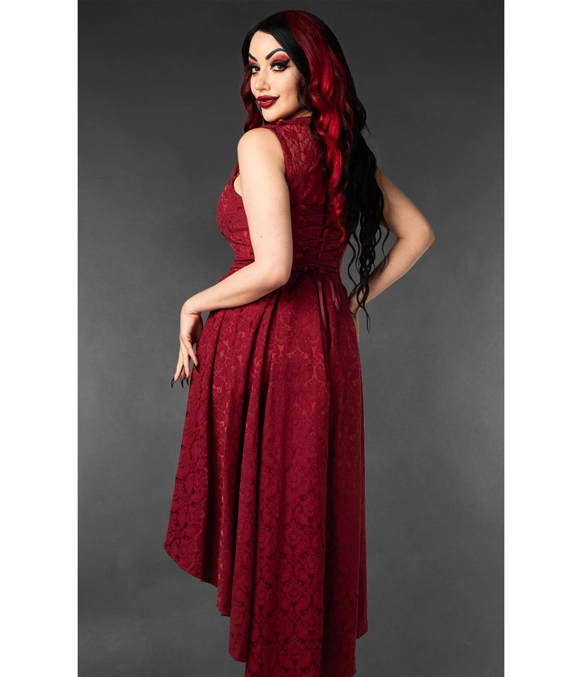 Red Lace Bat Collar Succubus High-Low Swing Dress