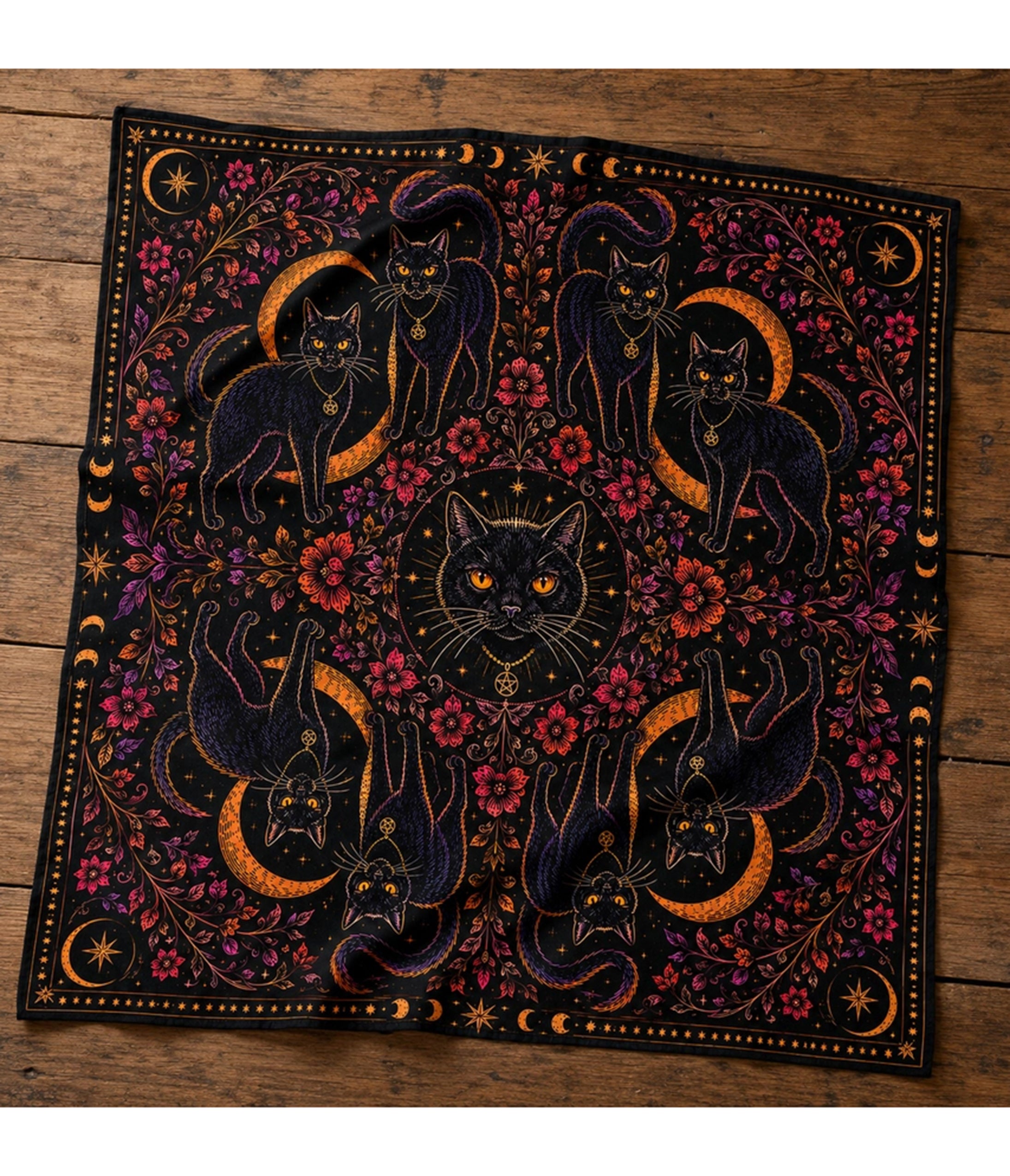 Black Nine Lives Cat Print Hair Scarf