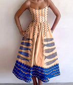 Creamy Peach Sardine Print Spaghetti Strap Midi Dress