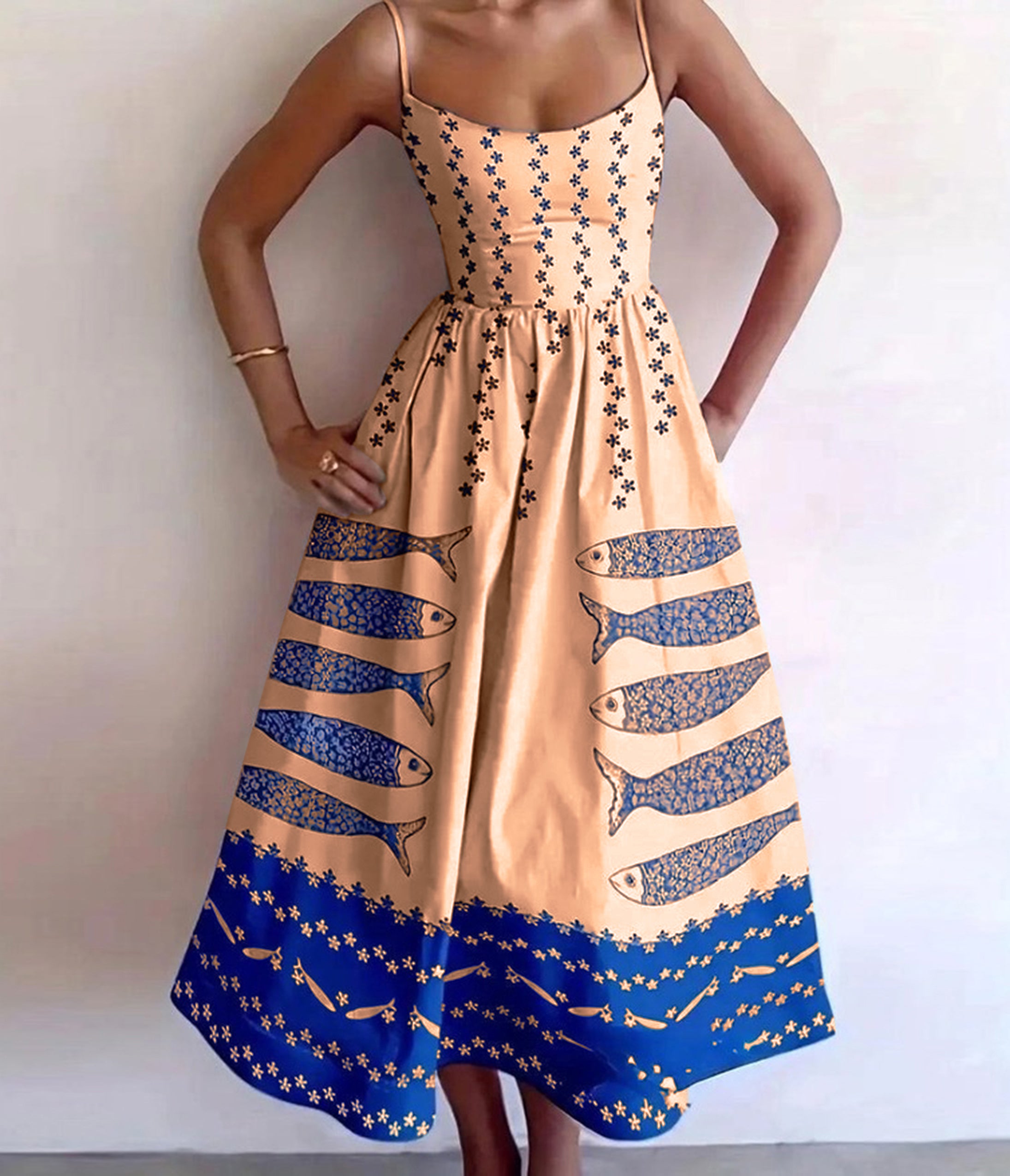 Creamy Peach Sardine Print Spaghetti Strap Midi Dress