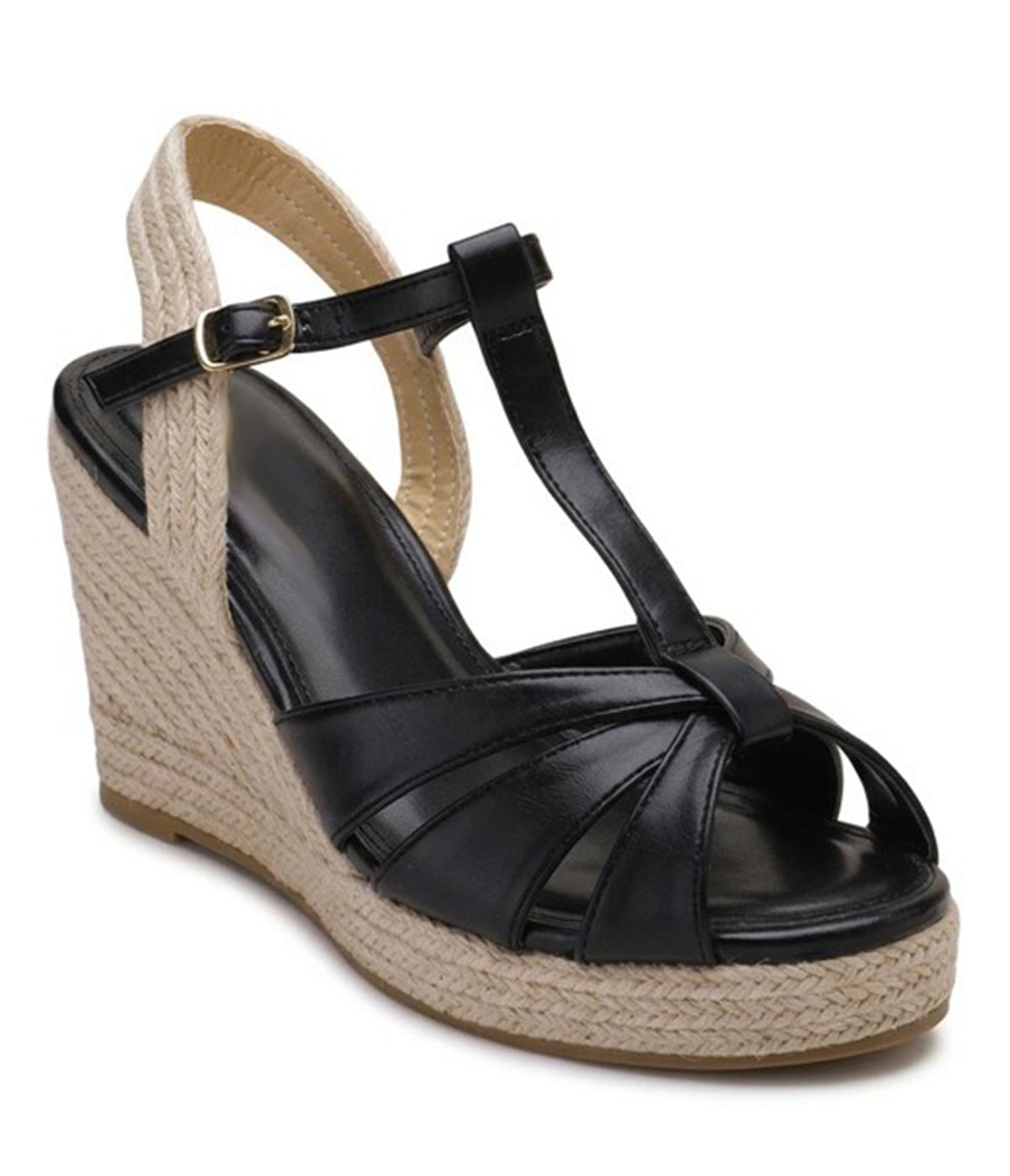 Black T-Strap Espadrille Wedges