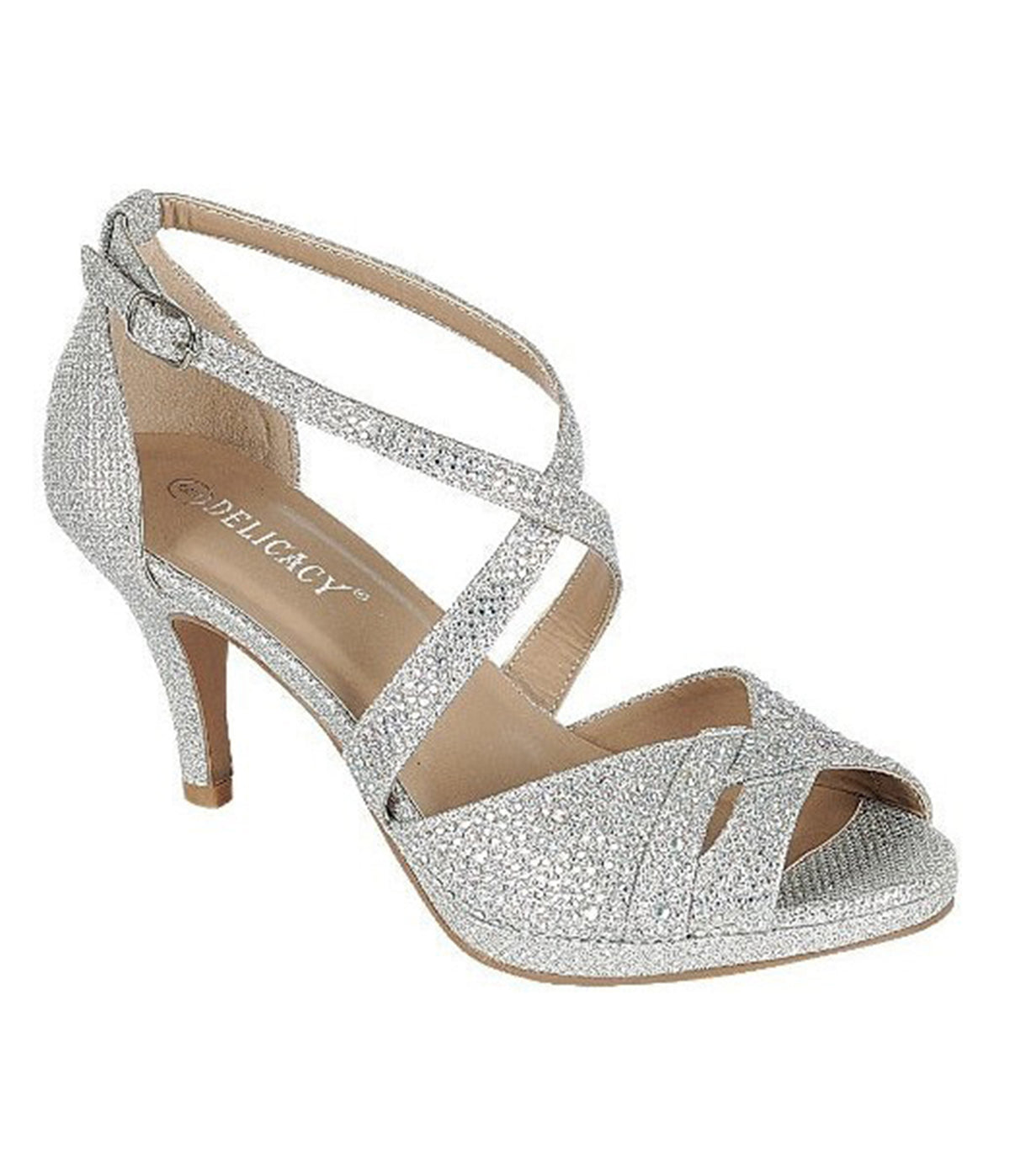 Silver Glitter Peep Toe Strappy Heels