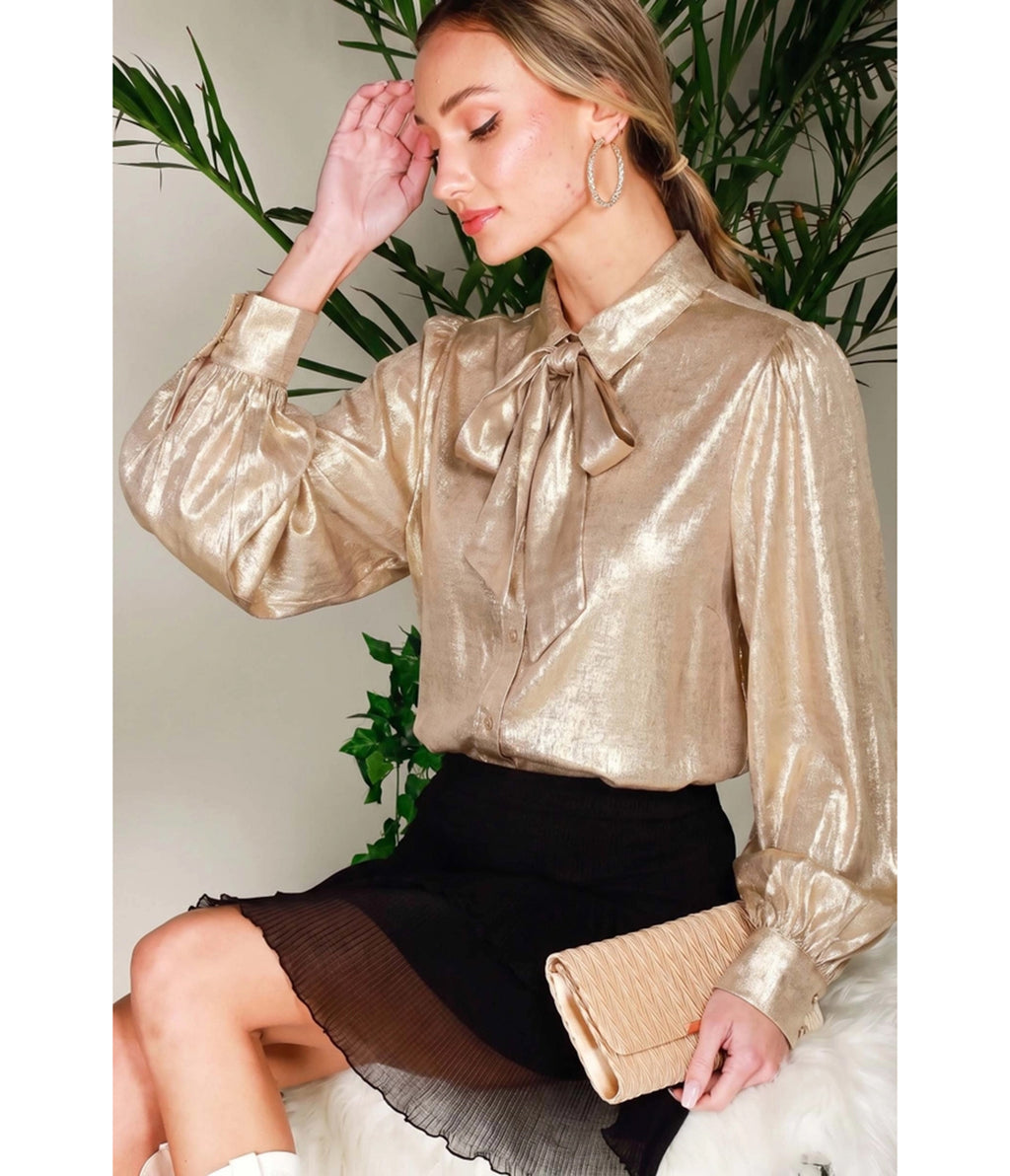 Gold Metallic Tone Bow Blouse