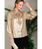 Gold Metallic Tone Bow Blouse
