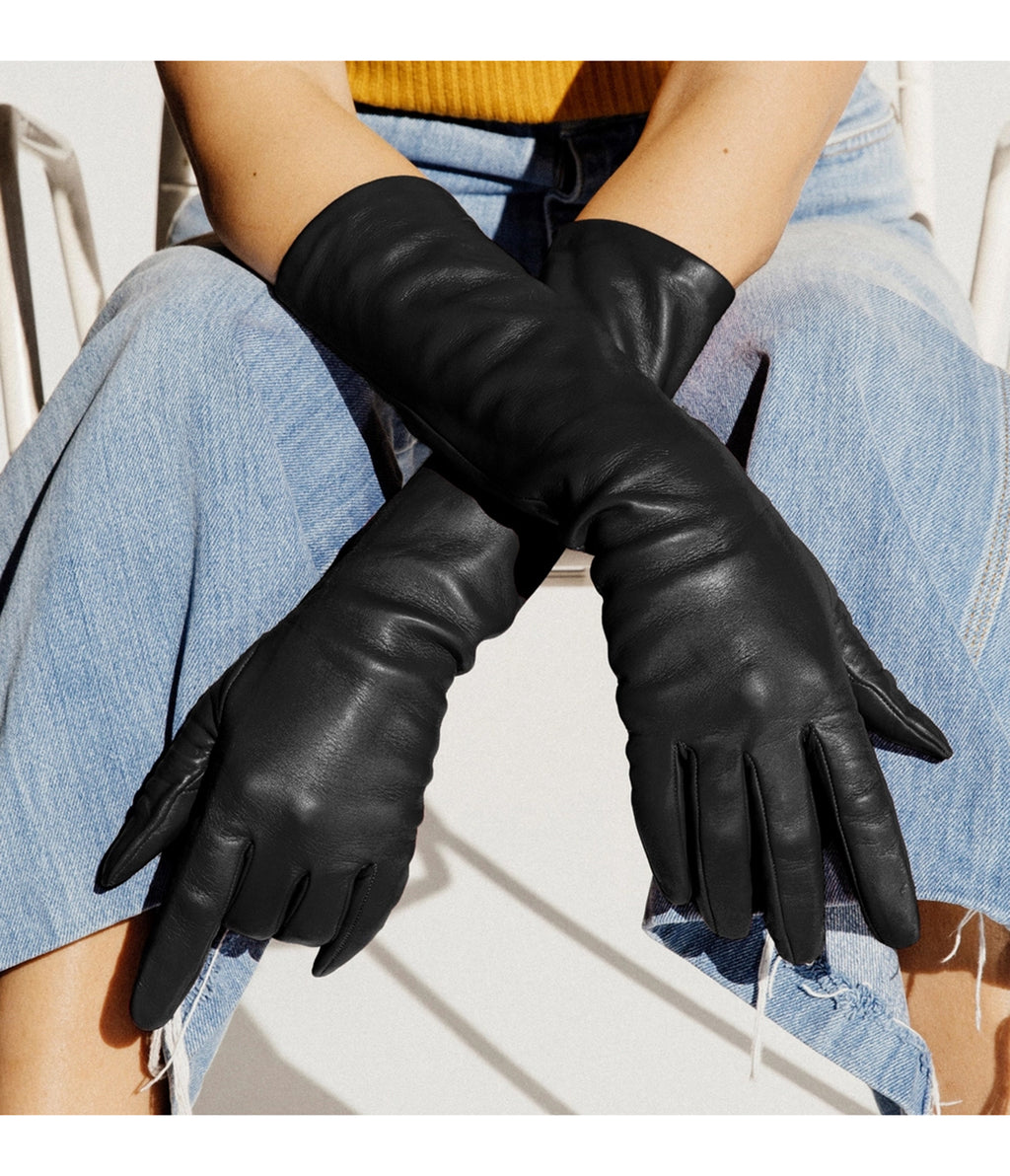 Black Faux Leather Elbow-Length Gloves