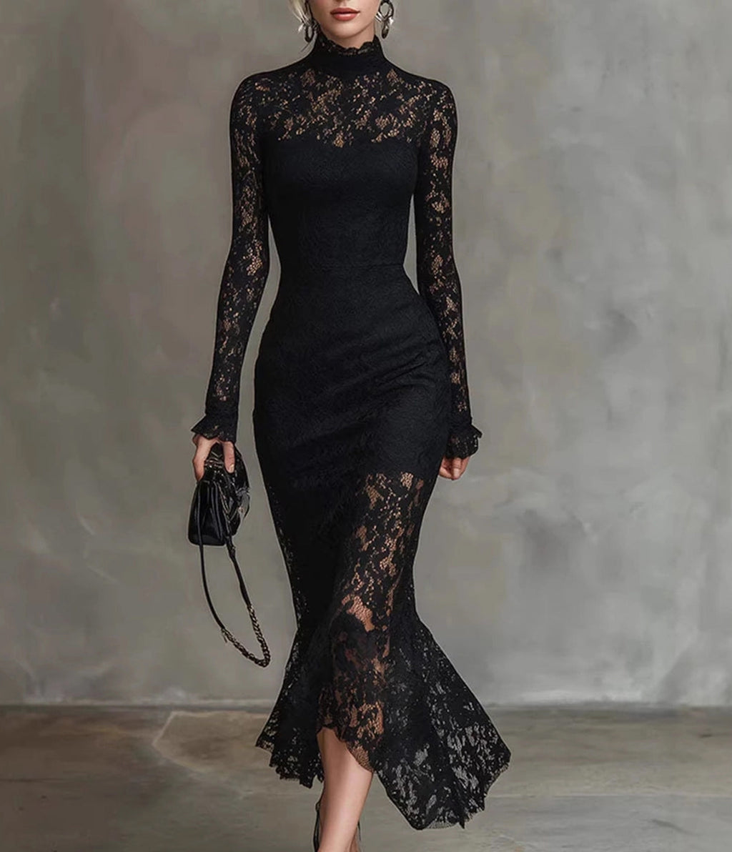 Black Lace Fishtail Maxi Dress
