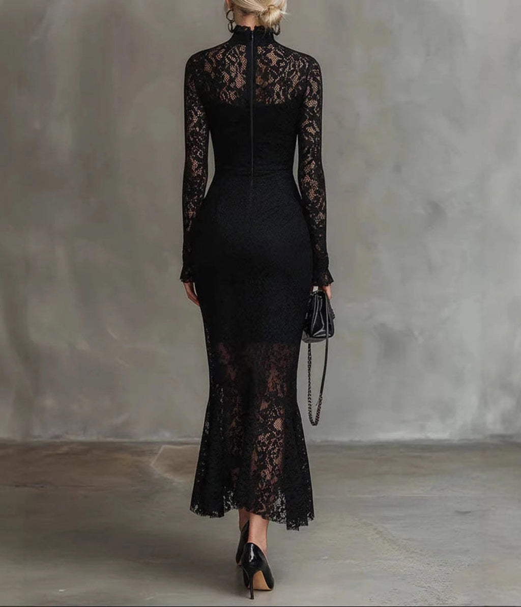 Black Lace Fishtail Maxi Dress