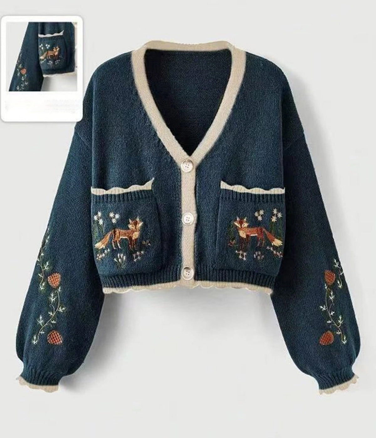 Blue Fox Embroidered Cropped Cardigan
