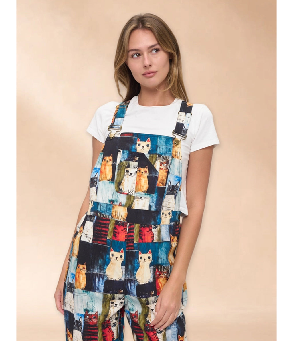 Black & Colorful Cat Print Wide Leg Overalls