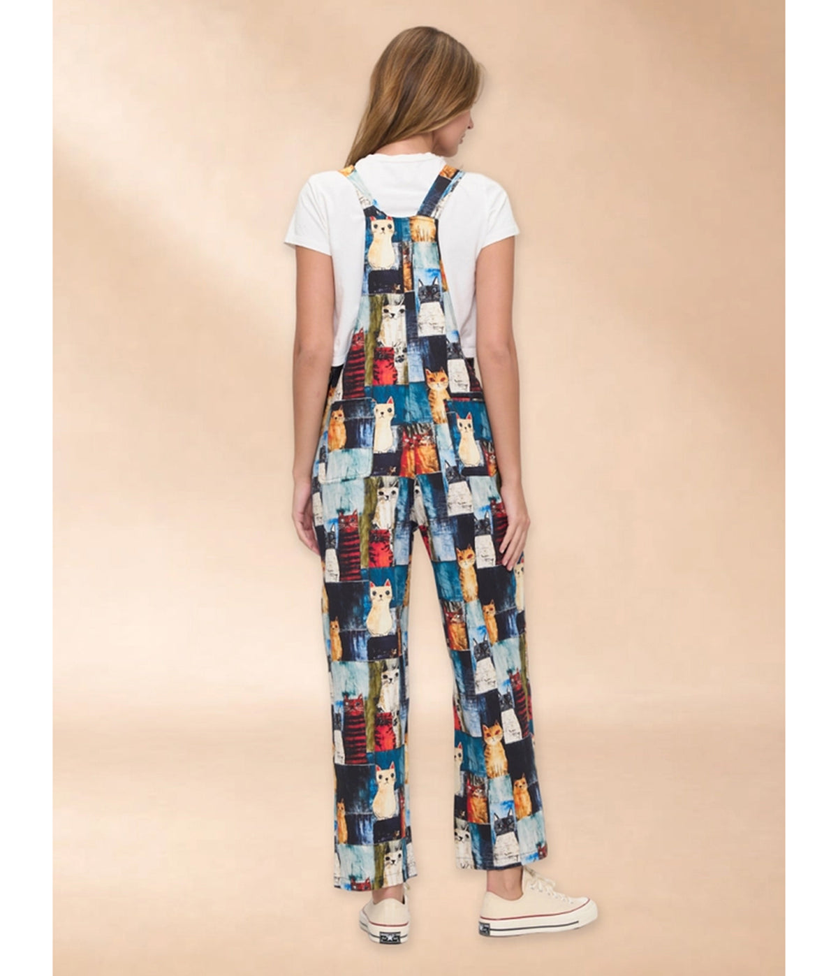 Black & Colorful Cat Print Wide Leg Overalls