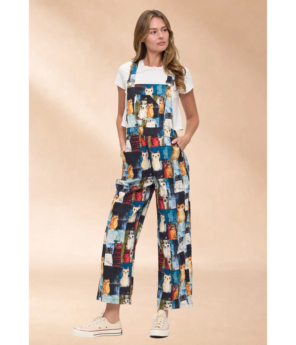 Black & Colorful Cat Print Wide Leg Overalls