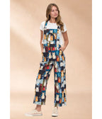 Black & Colorful Cat Print Wide Leg Overalls
