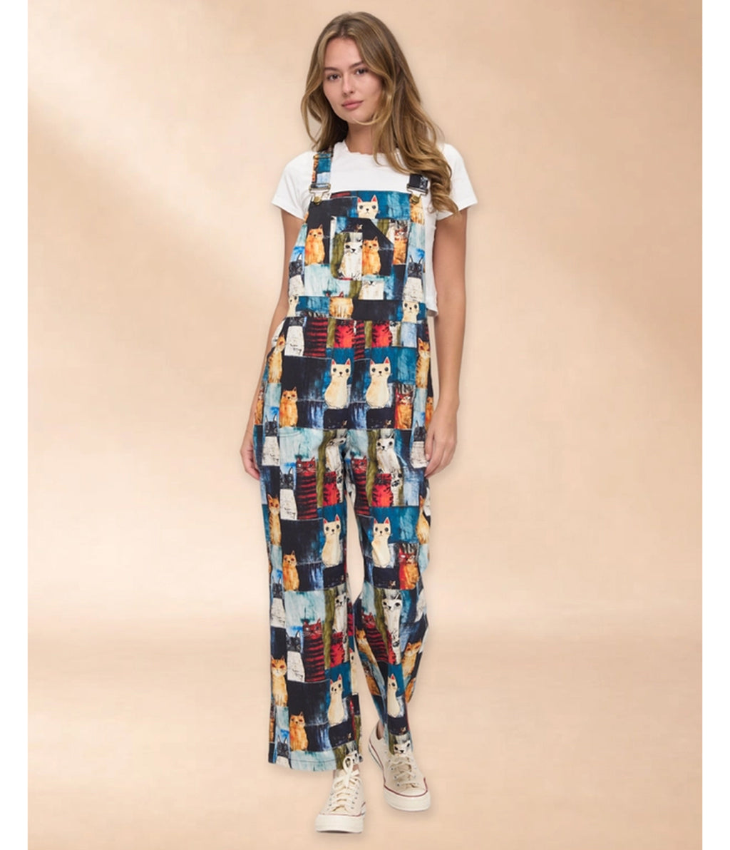 Black & Colorful Cat Print Wide Leg Overalls