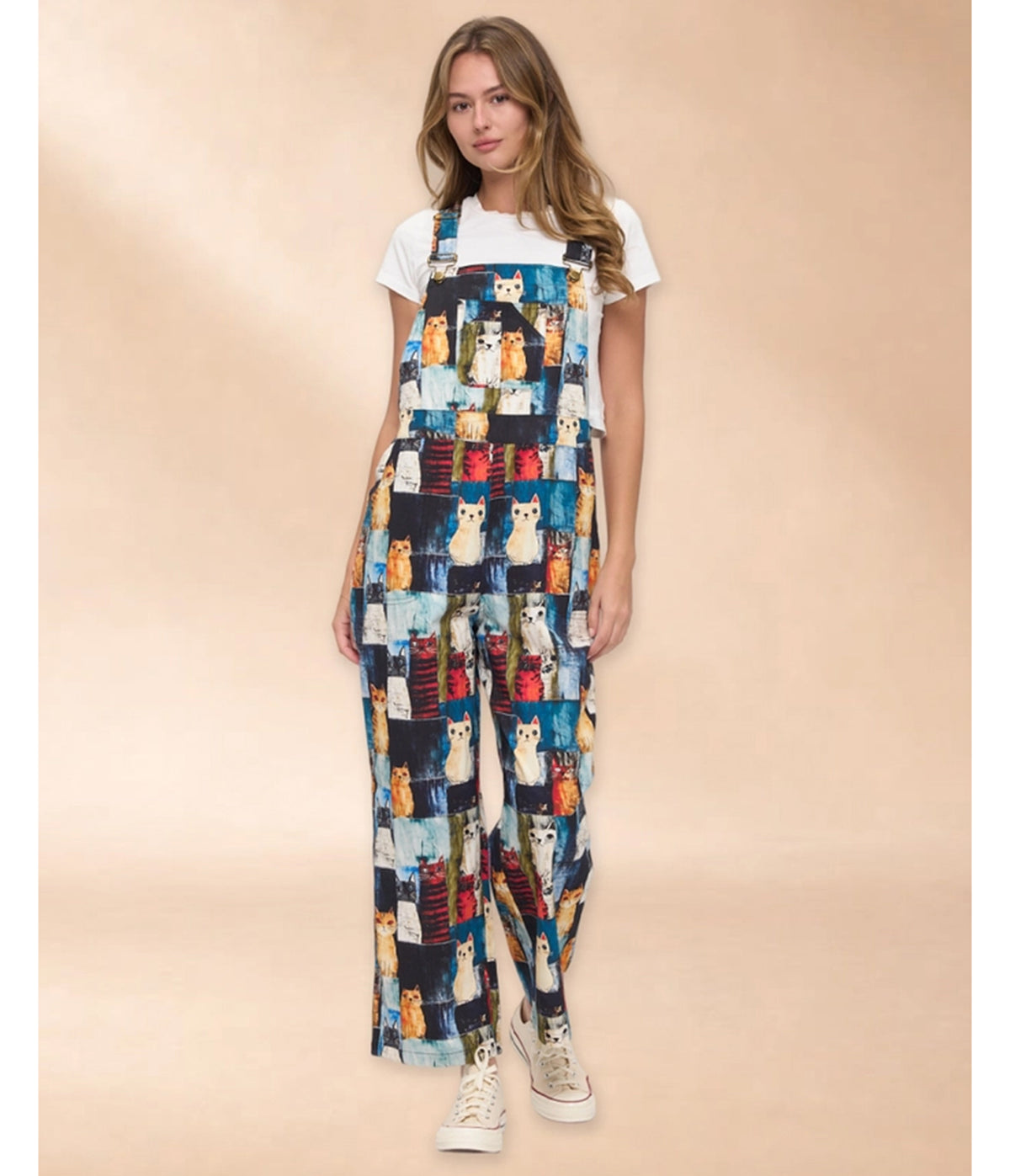 Black & Colorful Cat Print Wide Leg Overalls