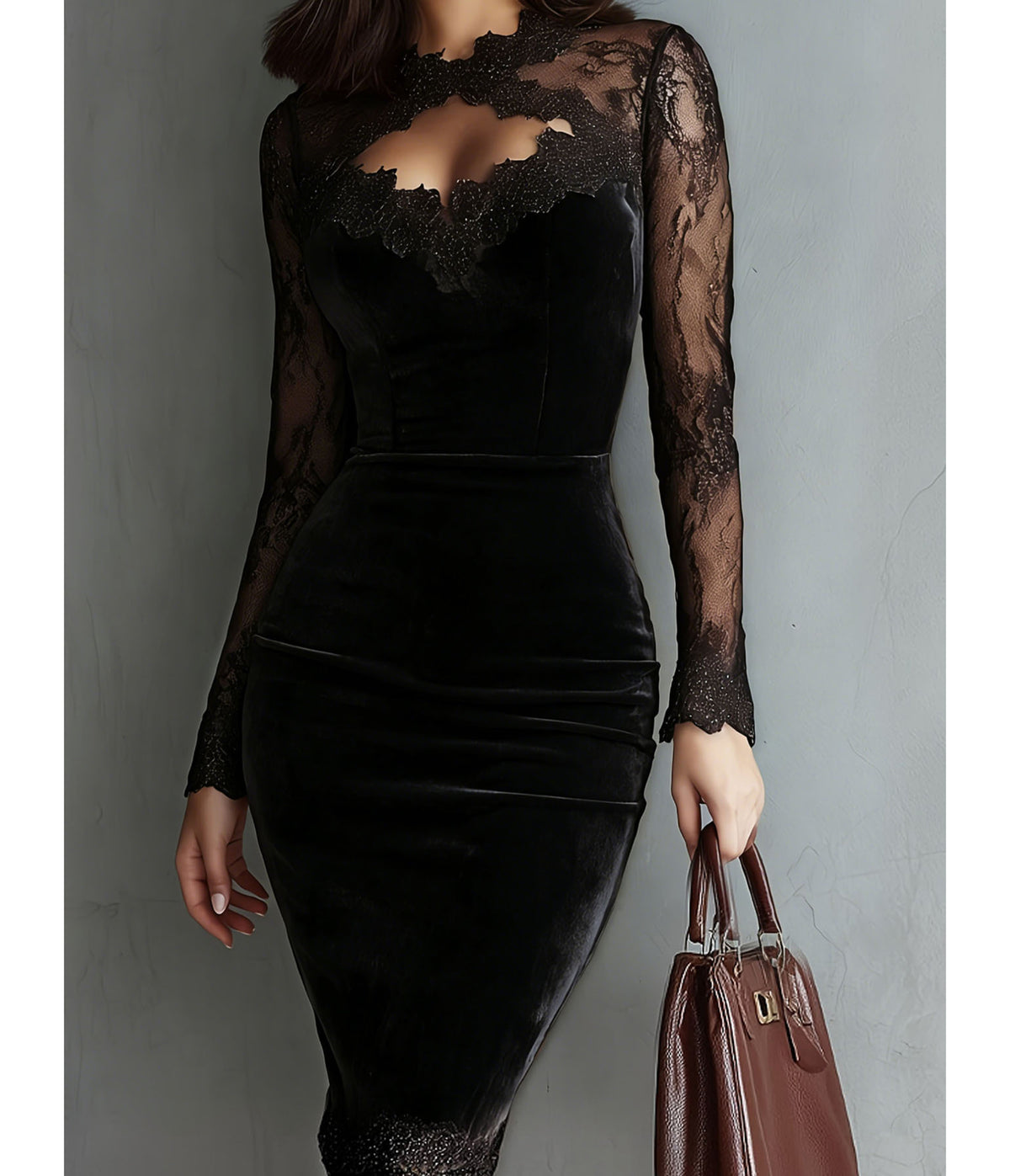 Black Velvet & Lace Long Sleeve Pencil Dress