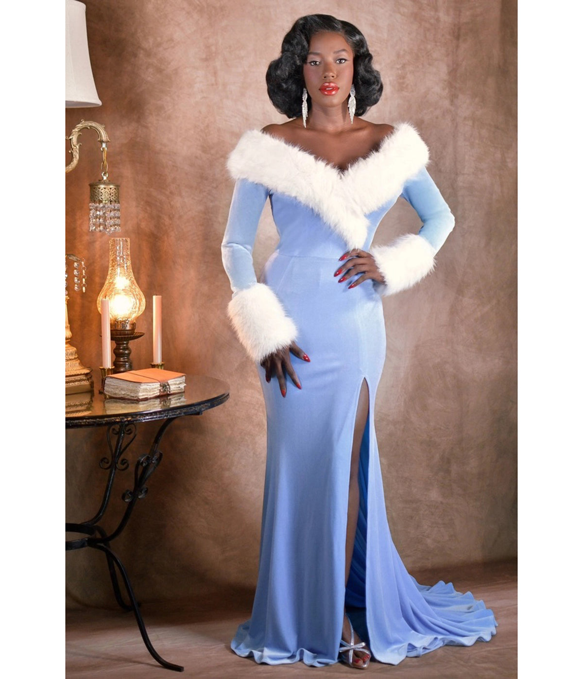 Weasel Wear Icy Blue Velvet & Faux Fur Frosted Affair Gown