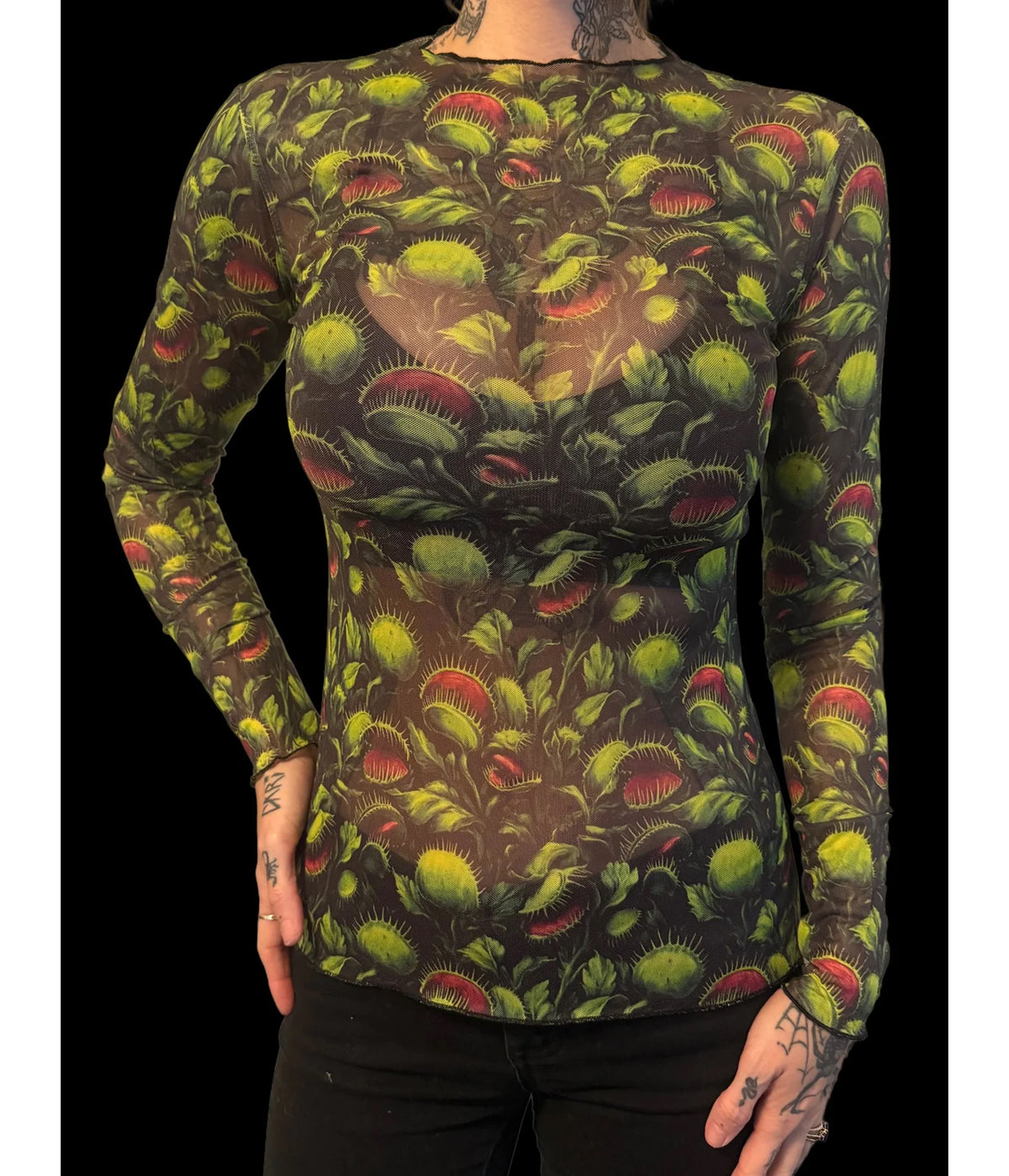 Witchwood Bags Black Multicolor Venus Flytrap Print Mesh Top