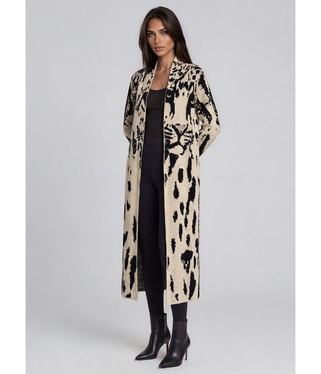 Cream & Black Leopard Long Knit Cardigan