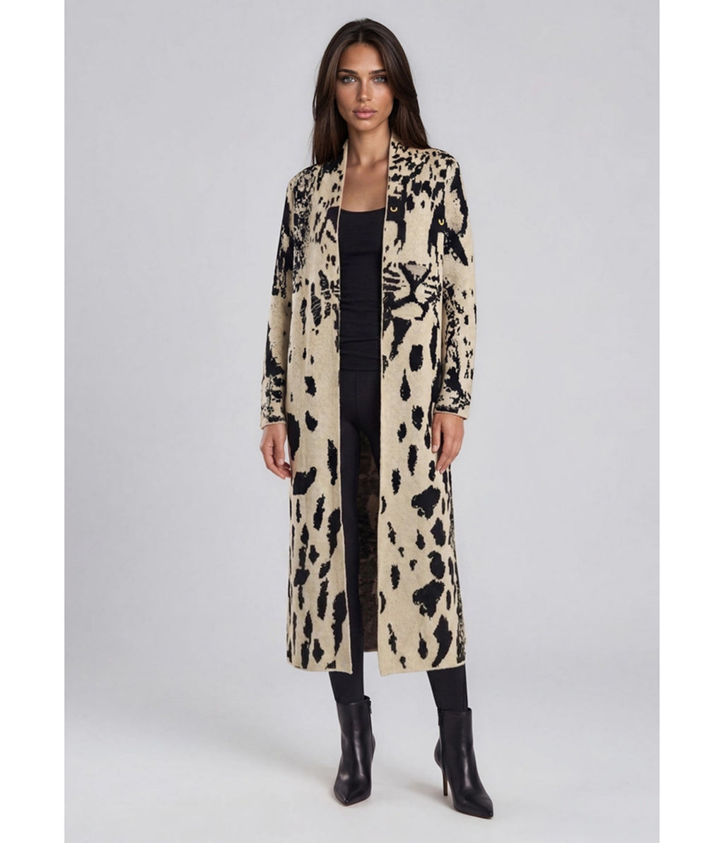 Cream & Black Leopard Long Knit Cardigan