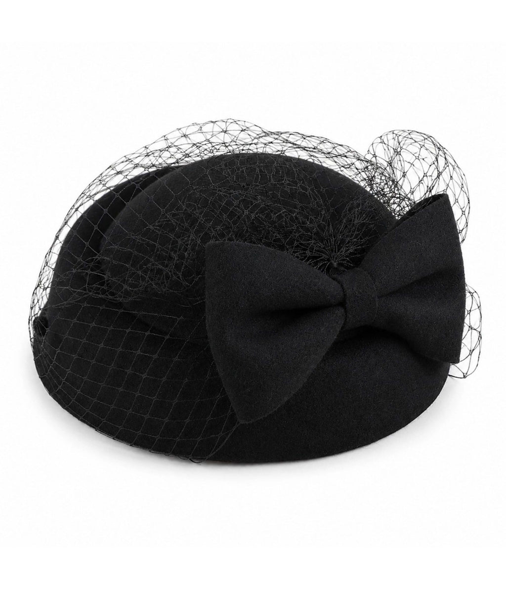 Black Bow Birdcage Veil Pillbox Fascinator Hat