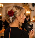 Skeleton Hand & Red Rose Bow Hair Clip
