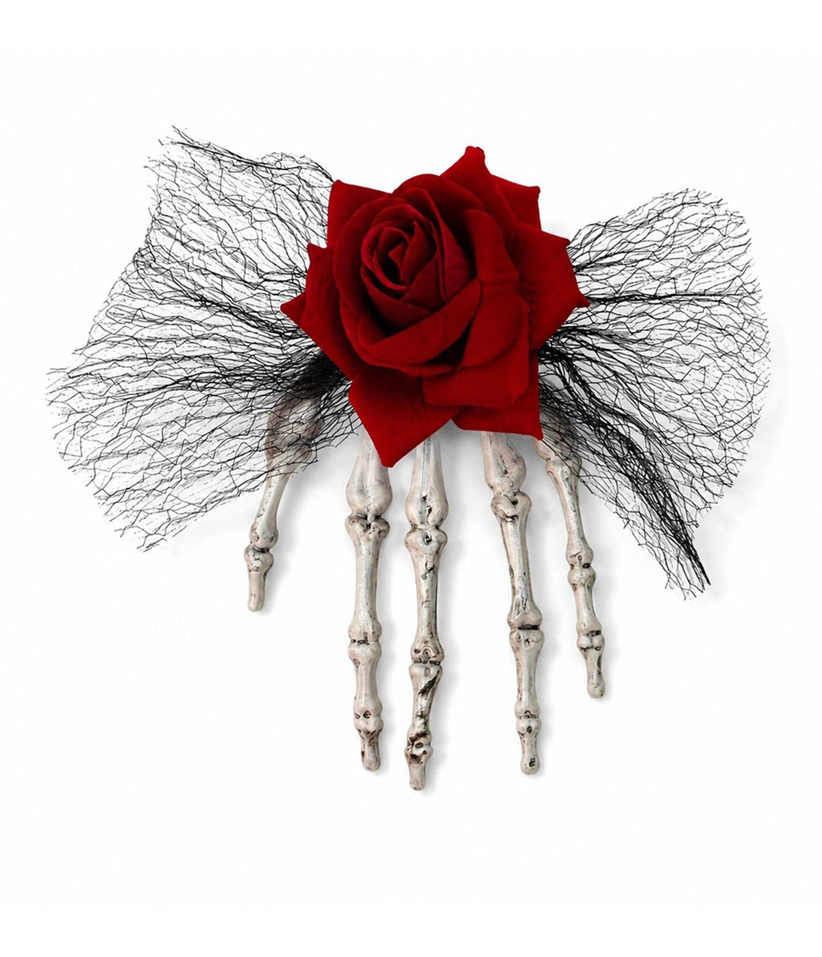 Skeleton Hand & Red Rose Bow Hair Clip