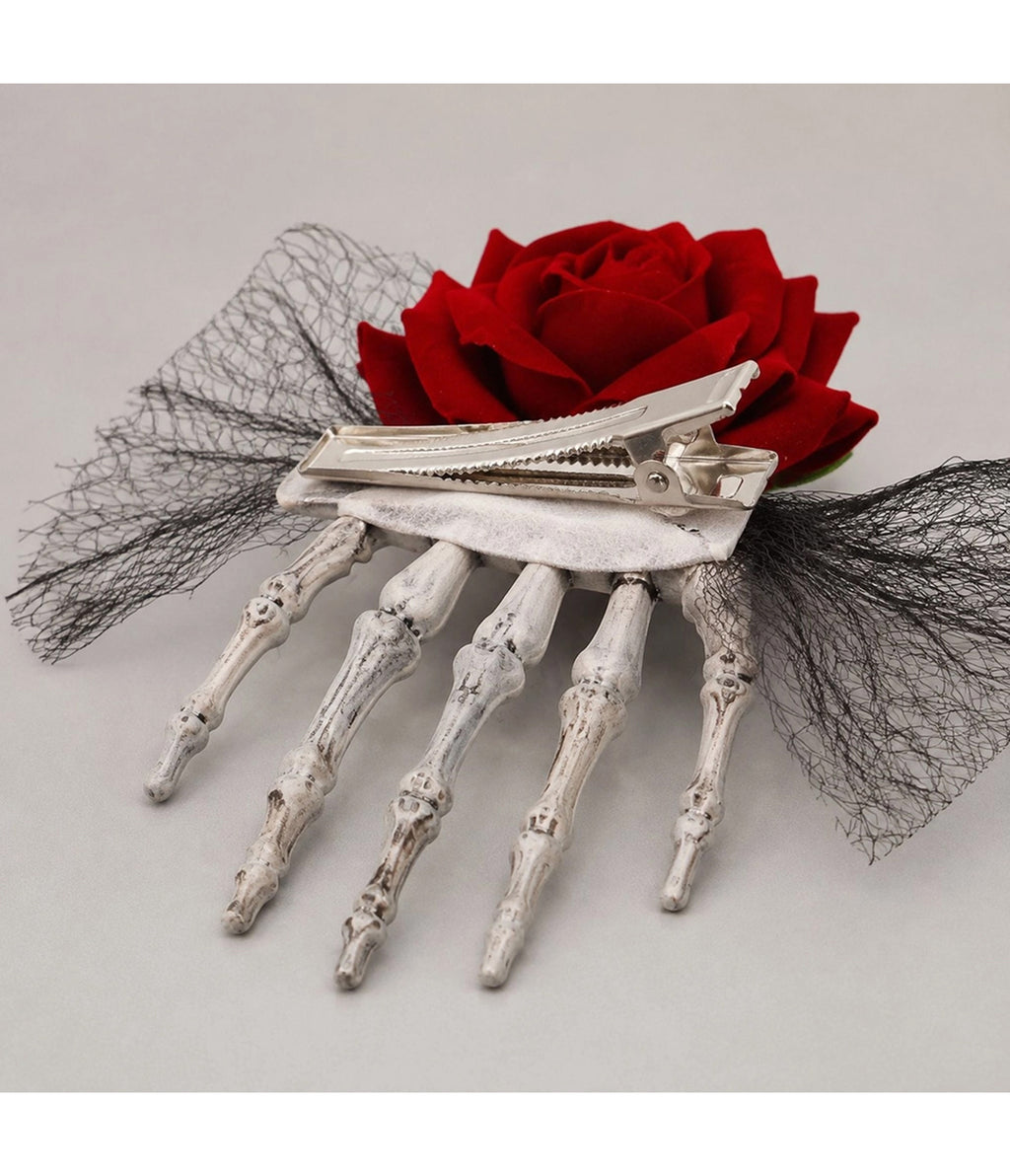 Skeleton Hand & Red Rose Bow Hair Clip