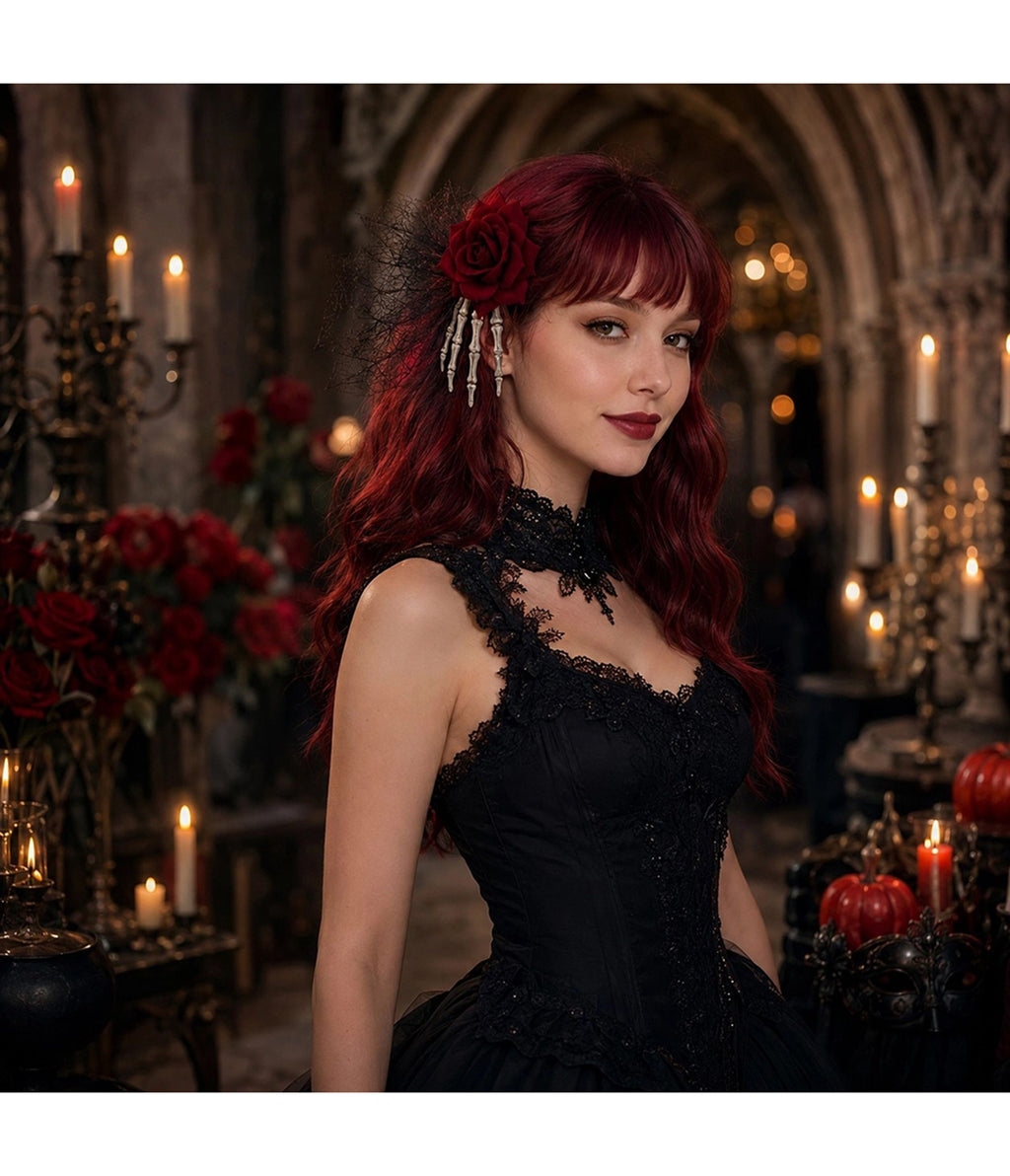 Skeleton Hand & Red Rose Bow Hair Clip