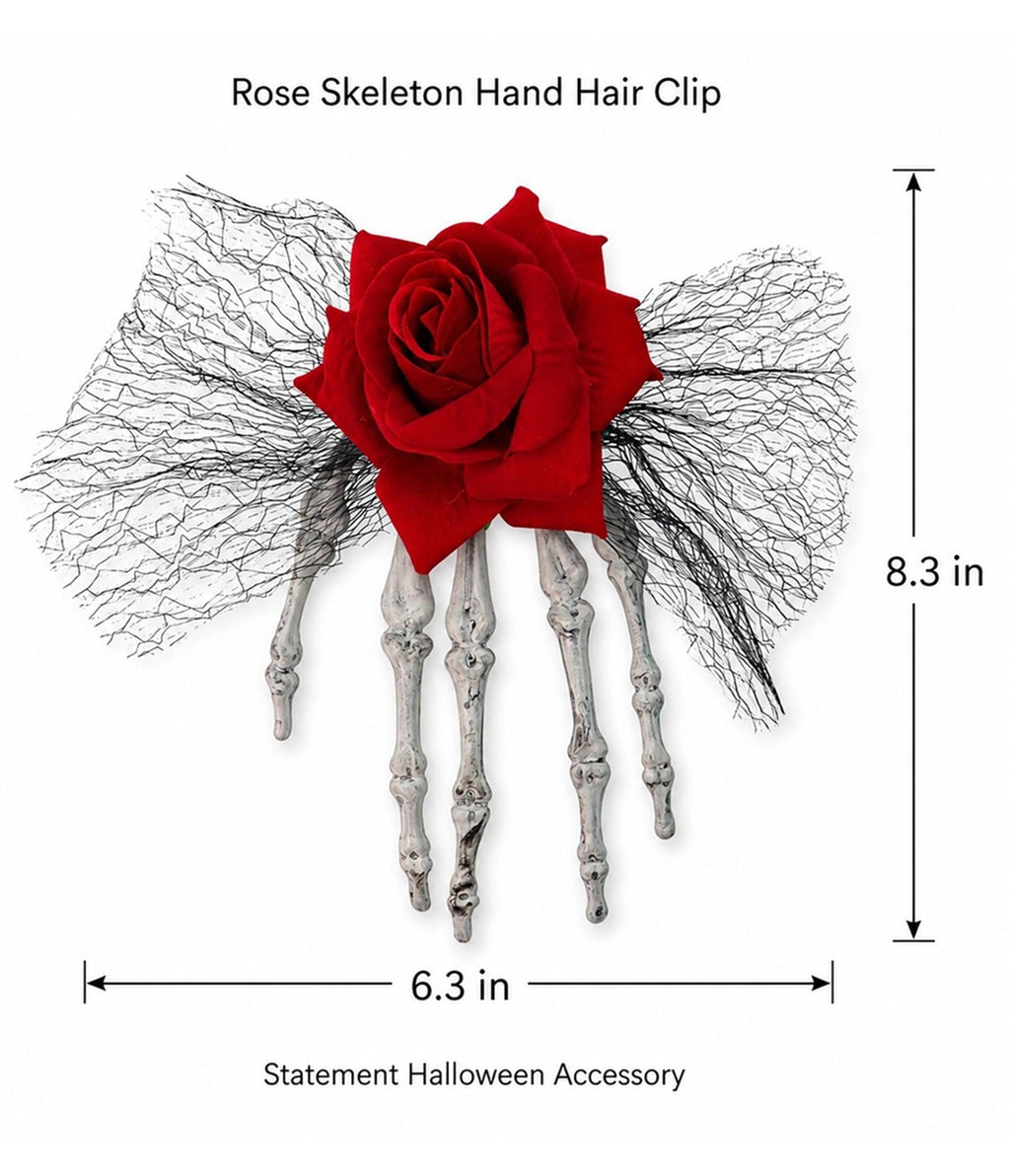 Skeleton Hand & Red Rose Bow Hair Clip