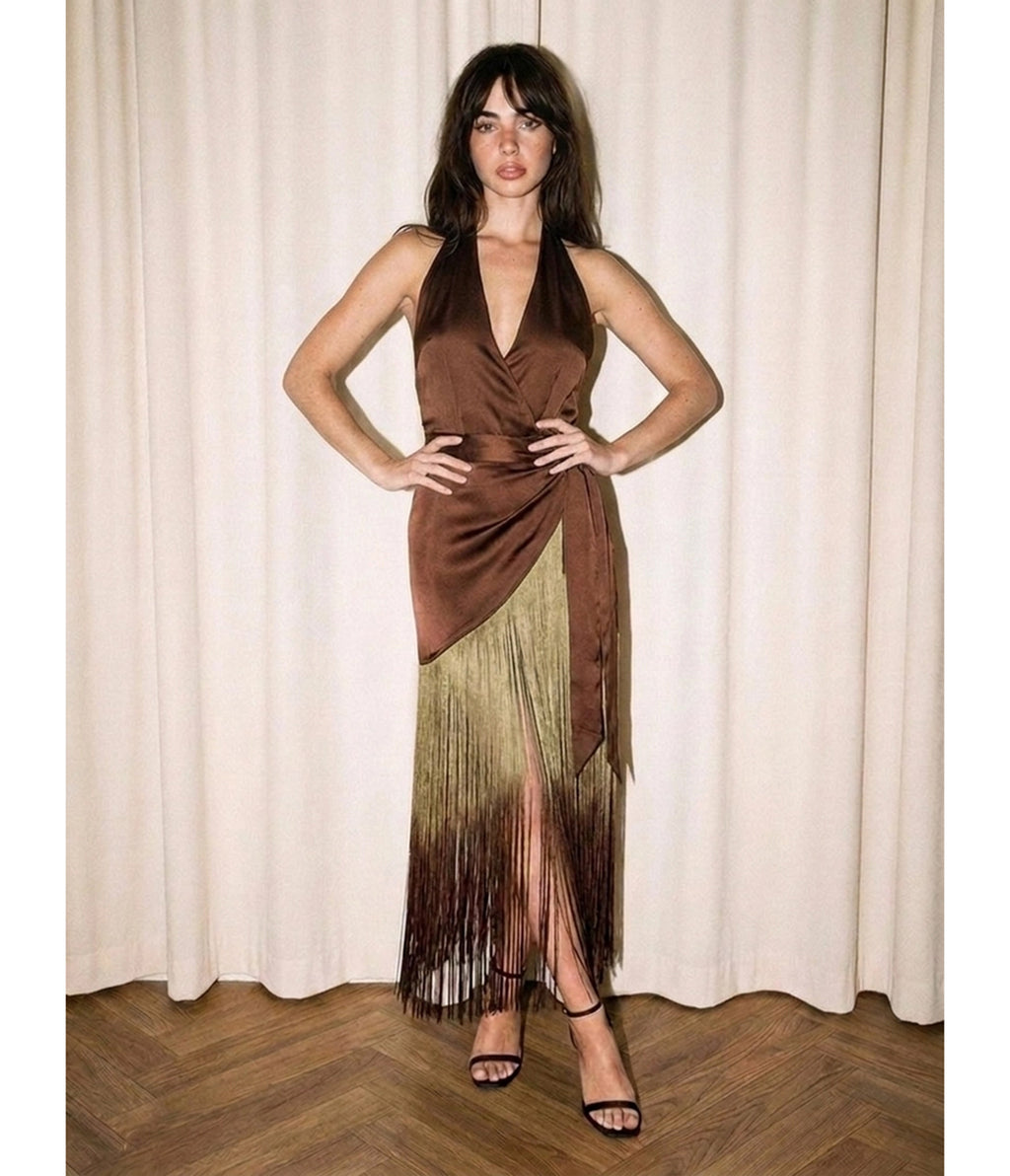 Brown Satin Halter Fringe Wrap Dress