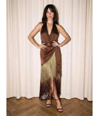 Brown Satin Halter Fringe Wrap Dress