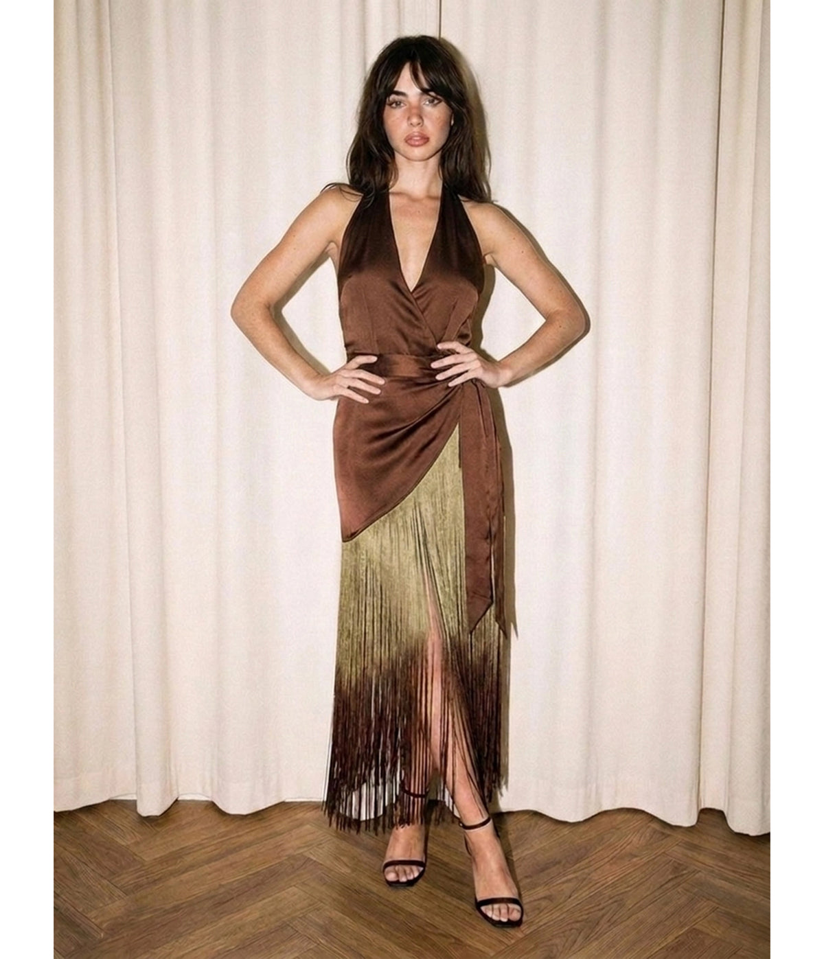 Brown Satin Halter Fringe Wrap Dress