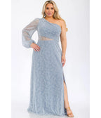 Plus Size Dusty Blue Shimmer Velvet One Shoulder Maxi Dress