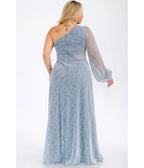 Plus Size Dusty Blue Shimmer Velvet One Shoulder Maxi Dress