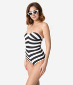 Barbie™ x Unique Vintage Black & White Chevron Stripe One Piece Bathing Suit