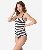 Barbie™ x Unique Vintage Black & White Chevron Stripe One Piece Bathing Suit
