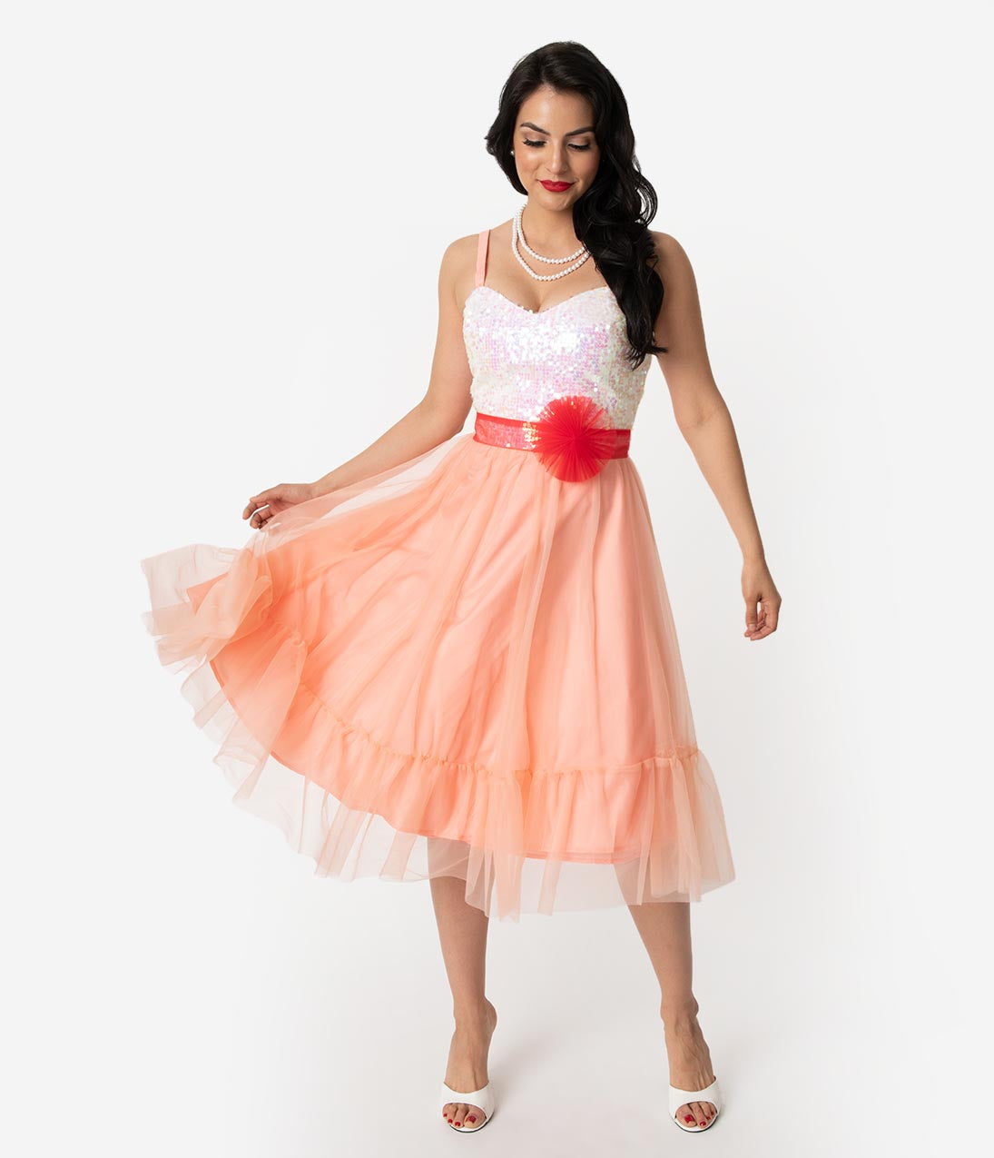 Barbie™ x Unique Vintage Peaches N Cream Chiffon Dress - Unique Vintage - Womens, DRESSES, PROM AND SPECIAL OCCASION