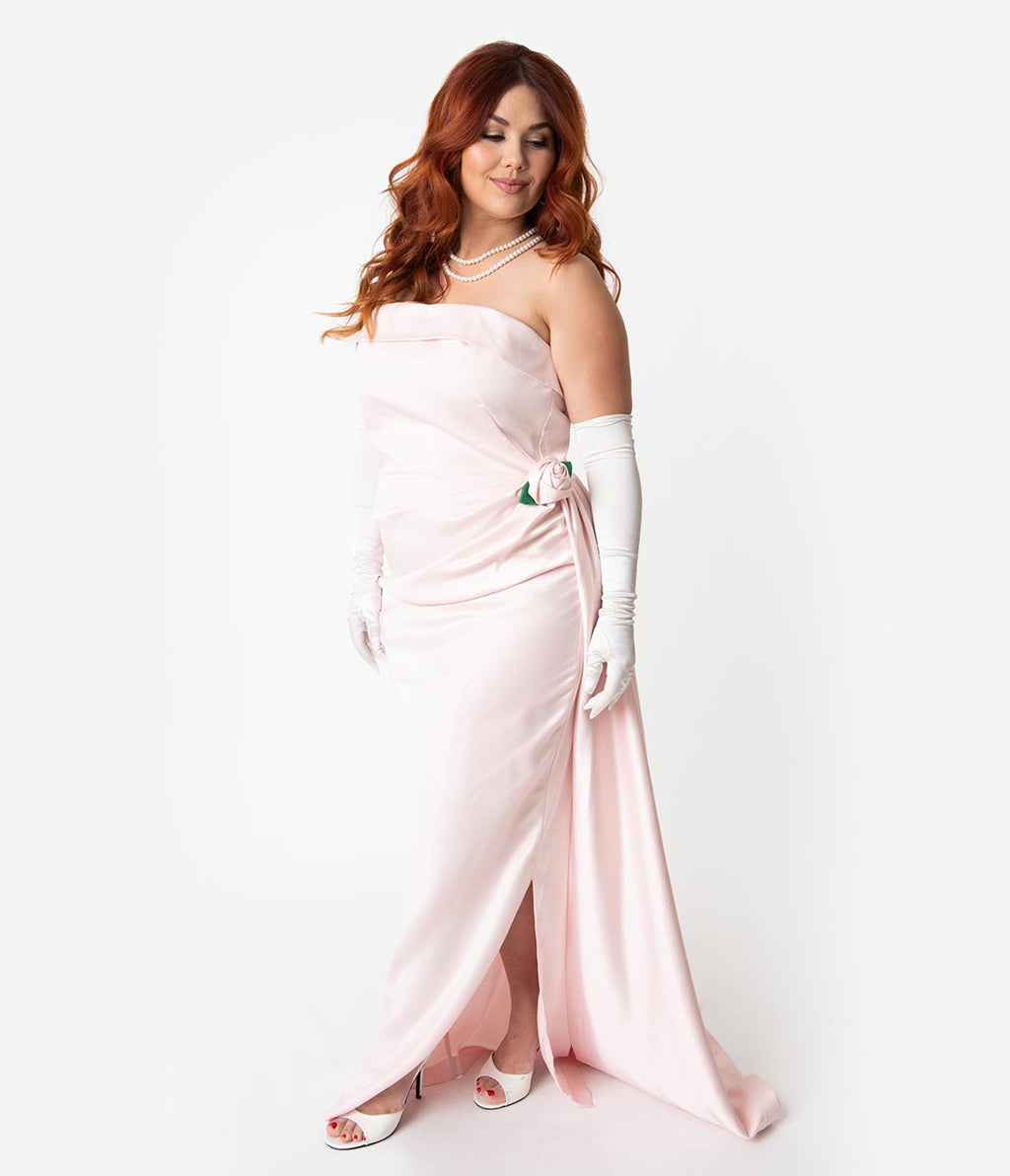 Barbie™ x Unique Vintage Plus Size Pink Satin Strapless Enchanted Evening Gown