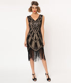 Unique Vintage 1920s Black & Beige Beaded Fringe Magdeleine Flapper Dress