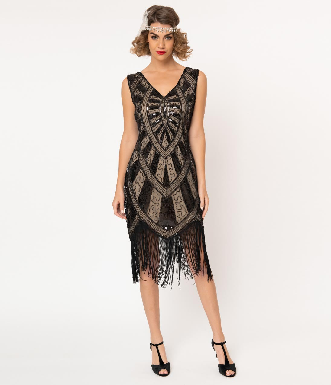 Unique Vintage 1920s Black & Beige Beaded Fringe Magdeleine Flapper Dress