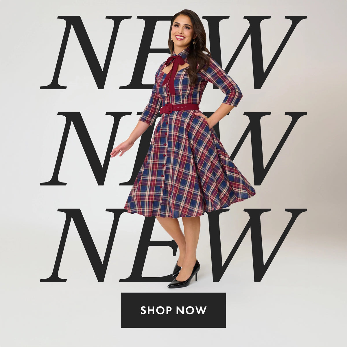A woman models a vintage-style plaid dress with a red bow tie neckline and waist belt, standing in front of a light gray background with large stacked 'NEW' text and a 'SHOP NOW' button.