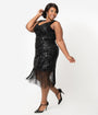 Unique Vintage Plus Size 1920s Style Black Beaded & Sequin Adalene Cocktail Flapper Dress